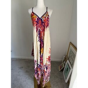 Theodora & Callum Maxi Dress Floral Bohemian Beach Red Purple Handkerchief Hem